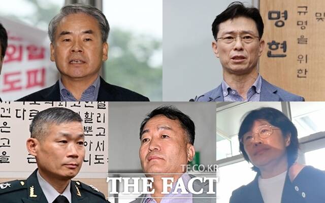 왼쪽 위부터 시계 방향으로 이종섭 전 국방부 장관, 임성근 전 해병대 1사단장, 유재은 전 국방부 법무관리관, 김계환 전 해병대 사령관, 김동혁 전 국방부 검찰단장. /더팩트 DB
