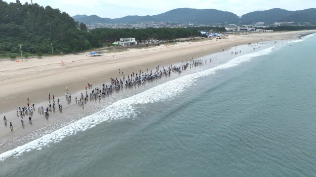 완도 신지 명사십리에서 열린 2025 해양치유 전국 맨발 걷기 축제에서 참가자들이 맨발 걷기를 하고 있다. /완도군