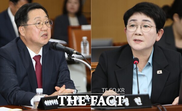 이장우 대전시장(왼쪽)과 박정현 더불어민주당 의원(대전 대덕구, 오른쪽)이 24일 열린 국회 행정안전위원회 대전시 국정감사에서 고성을 주고 받으며 공방을 이어갔다. /정예준 기자