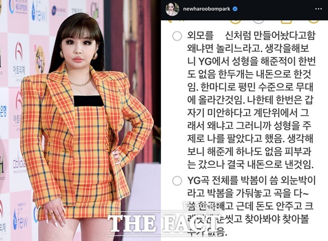 가수 박봄이 23일 오후 또다시 이해하기 어려운 내용이 담긴 게시물을 게재해 걱정을 자아내고 있다./더팩트DB·박봄 소셜 미디어