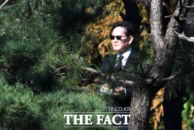 이재용 삼성전자 회장이 24일 오전 경기 수원 이목동 선영에서 열린 고 이건희 회장 5주기 추도식에 참석하고 있다. /수원=남용희 기자