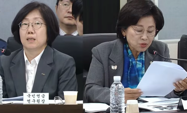 24일 윤석열 정부 국민연금 개혁안에 반하는 국민연금공단 보고서가 영구 비공개 처리된 것에 대해 국민연금공단이 국민들에게 숨겨 윤석열표 연금 개혁을 도우려 한 것이라는 지적이 국정감사에서 제기됐다. 사진은 남인순 더불어민주당 의원이 한정림 국민연금연구원장에게 관련 질의를 하는 모습. /이미지=국회방송