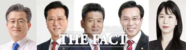 제9회 전국동시지방선거 대전 유성구청장 후보군. 왼쪽부터 정용래 유성구청장, 조원휘 대전시의회 의장, 김동수 유성구의회 의장, 김문영 전 국민의힘 유성을 당협위원장, 문수연 조국혁신당 유성구 지역위원장. /정예준 기자