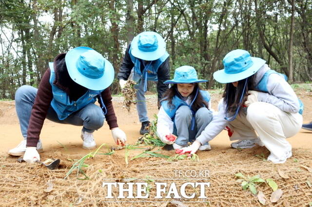 현대제철은 25일 당진시 송악읍 팔아산 송암공원 일원에서 지역 환경 개선을 위한 쉼터 가꾸기에 나섰다. /현대제철