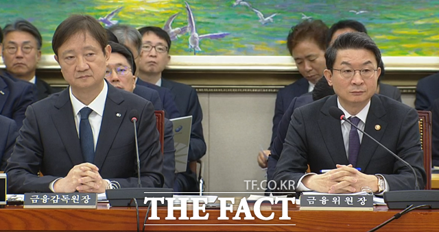 이억원 금융위원장(오른쪽)과 이찬진 금융감독원이 27일 국회 본관 604호에서 열린 정무위원회 국정감사에 증인으로 참석해 위원들의 질문에 답변하고 있다. /김태환 기자