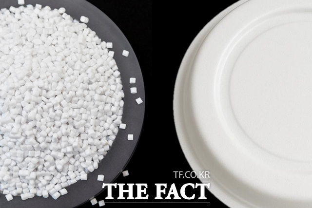 롯데케미칼은 열에 강한 접착성 소재를 개발해 식품 포장용기 용도로 상용화를 시작했다고 28일 밝혔다. 롯데케미칼 접착성 소재(왼쪽) 및 식품 포장용기(오른쪽). /롯데케미칼