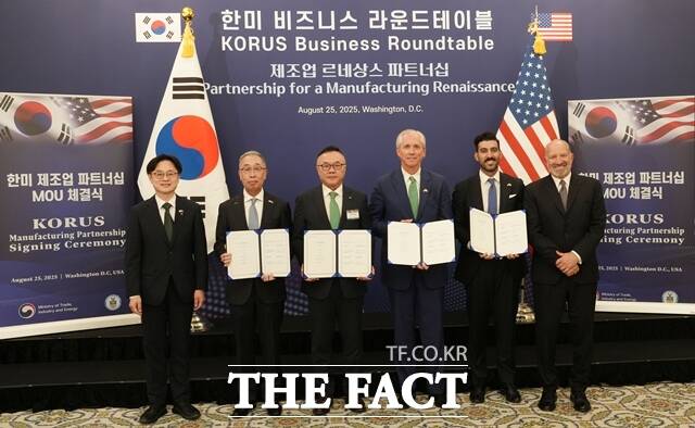 아시아·태평양 지역의 에너지 전환을 논의하는 협력의 장이 경주에서 열린다. 8월25일(현지시각) 미국 워싱턴 D.C.에서 ‘한미 비즈니스 라운드 테이블’ 직후 진행된 SMR 사업협력을 위한 양해각서(MOU) 체결식에서 참석자들이 기념촬영을 하고 있다. 사진 왼쪽부터 김정관 산업통상자원부 장관, 박지원 두산에너빌리티 회장, 황주호 한수원 사장, 클레이 셀(Clay Sell) 엑스-에너지 CEO, 섀넌 켈로그(Shannon Kellogg) AWS 부사장, 하워드 러트닉(Howard Lutnick) 미국 상무부 장관. /두산에너빌리티