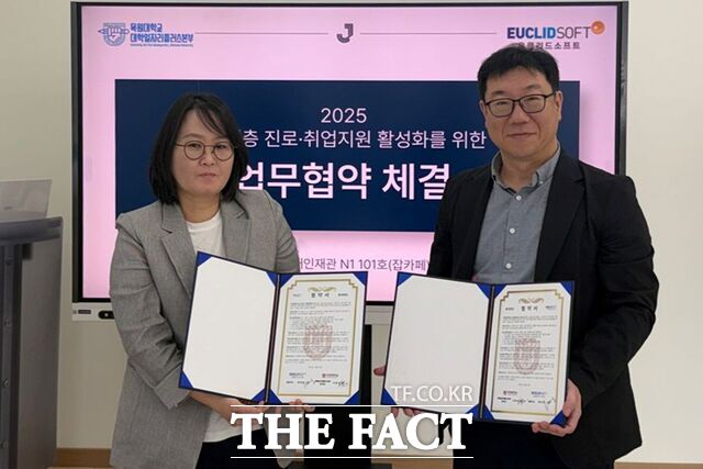 목원대 미래인재관에서 열린 ‘청년 맞춤형 진로·취업지원 협력체계 구축을 위한 업무협약식’에서 서용호 대학일자리플러스본부장(오른쪽)과 채은경 유클리드소프트 대표이사가 협약서를 들고 기념촬영을 하고 있다. /목원대