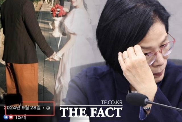 더불어민주당 소속 최민희 국회 과학기술정보방송통신위원장이 국정감사 기간 딸 결혼식을 열어 논란에 휩싸인 가운데, 최 위원장 딸이 실제 결혼은 지난해 했다는 의혹이 제기됐다. / SNS 갈무리, 뉴시스