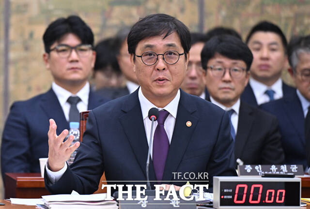 최휘영 문화체육관광부 장관이 29일 서울 여의도 국회에서 열린 문화체육관광위원회의 문화체육관광부, 국가유산청 등 종합감사에서 의원 질의에 답하고 있다.