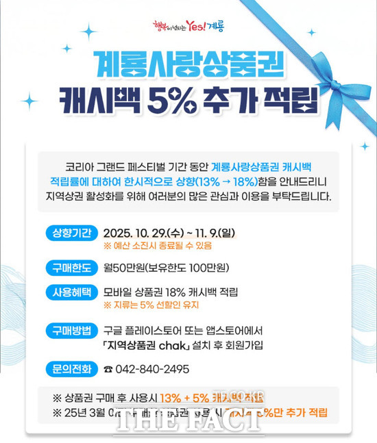 계룡사랑상품권 캐시백 5% 추가적립 홍보 포스터. /계룡시
