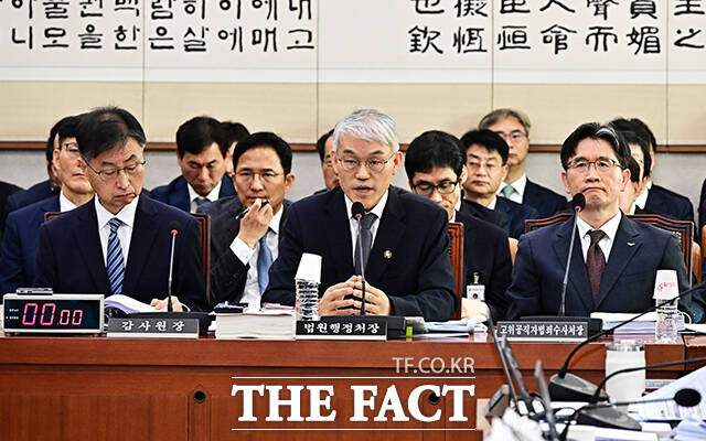 질의에 답변하는 천대엽 법원행정처장(가운데).