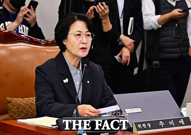 발언하는 추미애 법사위원장.