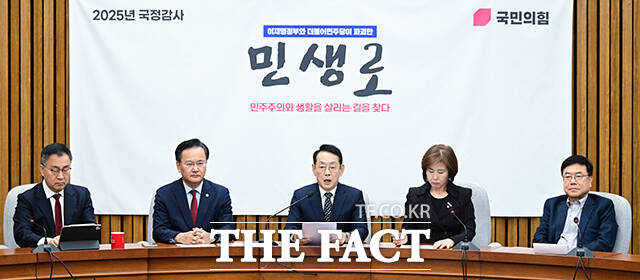 국감이 끝나면 국민의힘 지지율에 악재로 작용할 만한 위험 요소들이 도사리고 있다. 사진은 김도읍 국민의힘 정책위의장이 지난달 31일 서울 여의도 국회에서 열린 국정감사 대책회의에서 모두발언을 하고 있는 모습. /남윤호 기자