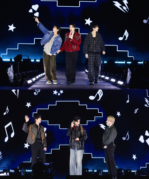 진(위쪽 사진 가운데)은 아미들의 목소리가 이 공연을 완성했다. 마지막까지 저는 여러분만 믿고 간다. 아미들을 보면서 끝까지 최선을 다해 노래하겠다고 전했다. /빅히트 뮤직