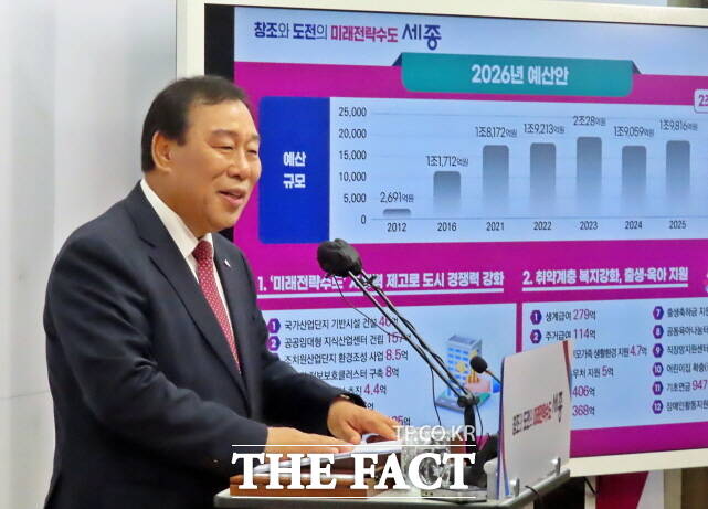 최민호 세종시장이 3일 시청 정음실에서 언론브리핑을 갖고 내년도 본예산 편성안에 대해 발표하고 있다. /김형중 기자