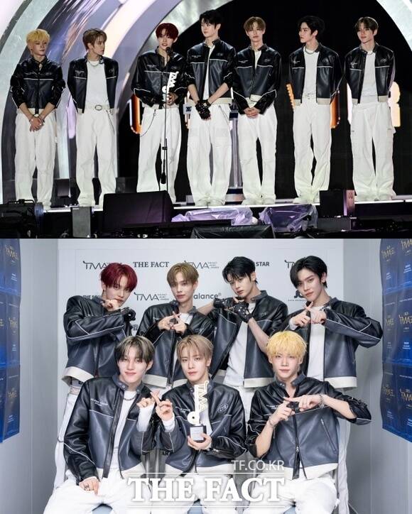 그룹 클로즈 유어 아이즈는 9월 20일 마카오 아웃도어 퍼포먼스 베뉴에서 열린 2025 더팩트 뮤직 어워즈에서 핫티스트 부문을 수상했다. 사진은 수상이 확정된 후 소감을 말하는 모습(위)과 사후 인터뷰에서 포즈를 취하고 있는 모습이다./임영무 기자 박헌우 기자