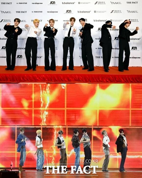 그룹 클로즈 유어 아이즈의 서경배 켄신 송승호 김성민 마징시앙 장여준 전민욱(사진 위, 왼쪽부터)이 9월 20일 마카오 아웃도어 퍼포먼스 베뉴에서 열린 2025 더팩트 뮤직 어워즈’ 레드카펫에 참석해 포즈를 취하고 있다. 클로즈 유어 아이즈는 2025 더팩트 뮤직 어워즈’ 오프닝 무대를 맡아 세븐틴의 HOT 커버 무대(사진 아래)를 선보였다./이효균 기자 서예지 기자