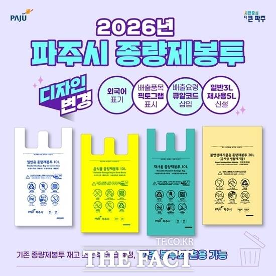 경기 파주시가 오는 2026년부터 선보이는 새로운 규격과 디자인의 종량제봉투. /파주시