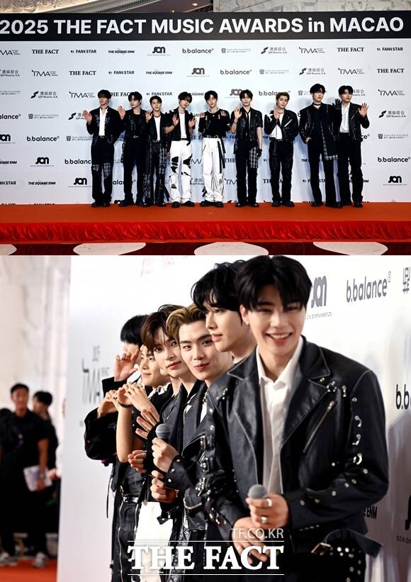 그룹 제로베이스원의 김규빈 김지웅 석매튜 한유진 장하오 성한빈 김태래 리키 박건욱(사진 위, 왼쪽부터) 9월 20일 마카오 아웃도어 퍼포먼스 베뉴에서 열린 2025 더팩트 뮤직 어워즈’ 레드카펫에서 포즈를 취하고 있다./이효균 기자