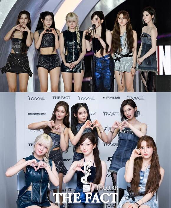 그룹 엔믹스가 '2025 더팩트 뮤직 어워즈'에서 올해의 아티스트를 수상하고 소감을 말하고 있다.(사진 위) 이어진 인터뷰에서 엔믹스는 남은 2025년을 후회가 남지 않게 활동하겠다고 밝혔다./임영무 기자 박헌우 기자