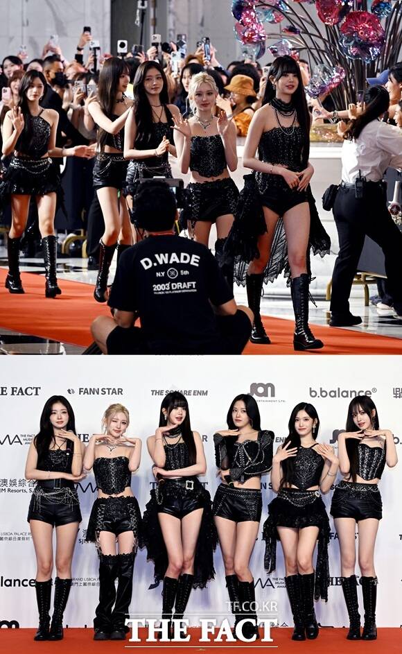 그룹 아이브의 레이 가을 장원영 안유진 이서 리즈(사진 아래, 왼쪽부터) 9월 20일 마카오 아웃도어 퍼포먼스 베뉴에서 열린 2025 더팩트 뮤직 어워즈 레드카펫에 참석해 포즈를 취하고 있다./이효균 기자