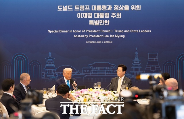 통상 현안 대응 및 수출지원 예산도 대폭 늘어났다. 지난달 29일 경북 경주 힐튼호텔 그랜드볼룸에서 열린 정상 특별만찬에 참석한이재명 대통령과 도널드 트럼프 미국 대통령. /대통령실