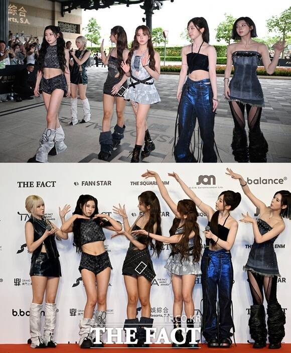 그룹 엔믹스의 릴리 규진 설윤 지우 해원 배이(사진 아래, 왼쪽부터)가 9월 20일 '마카오 아웃도어 퍼포먼스 베뉴'에서 열린 '2025 더팩트 뮤직 어워즈' 레드카펫에 참석해 포즈를 취하고 있다./박헌우 기자 이효균 기자