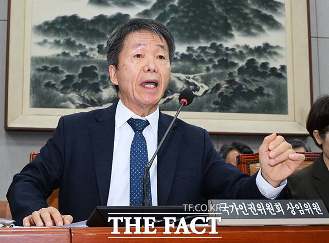 김용원 국가인권위원회(인권위) 상임위원이 5일 열린 국정감사에서 단체 증인 선서를 거부했다가 퇴장당했다. /더팩트 DB