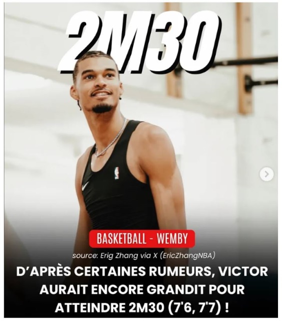 한 프랑스 미디어는 웹반야마의 키가 2m30까지 자랄 것이라는 분석을 내놓았다. / 캡처