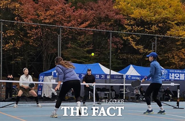 8일 화성시 동탄센트럴파크에서 열린 2025 화성시 네오볼 시민리그에서 참가 선수들이 피클볼 경기를 하고 있다. /이승호 기자