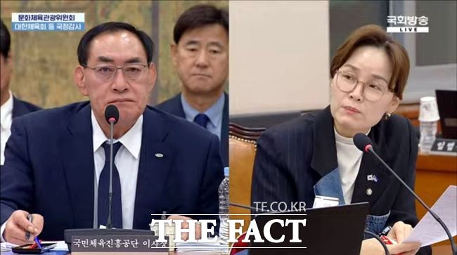 임오경 의원이 지난달 27일 열린 국정감사에서 국민체육진흥공단 이사장에게 헬스장 고무바닥재 유해성 문제에 대해 질의하고 있다. /유튜브 캡처