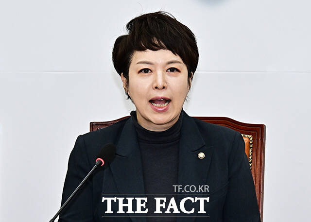 김은혜 국민의힘 원내정책수석부대표(가운데)가 10일 오후 서울 여의도 국회에서 기자회견을 열고 10·15 부동산 대책 통계조작 관련 발언을 하고 있다. /국회=배정한 기자