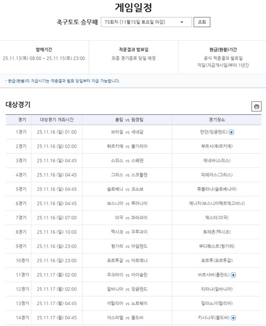 축구토토 승무패 75회차 대상 경기.