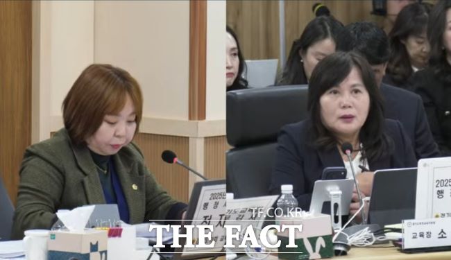 경기도의회 전자영 의원이 10일 교육지원청 행정사무감사에서 김승희 전 대통령실 의전비서관 자녀 학폭 무마 의혹의 진상을 추궁하고 있다. /경기도의회 중계 캡처