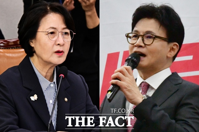 추미애 더불어민주당 의원(왼쪽)과 한동훈 전 국민의힘 대표가 검찰의 '대장동 항소 포기'를 놓고 설전을 벌였다. /뉴시스
