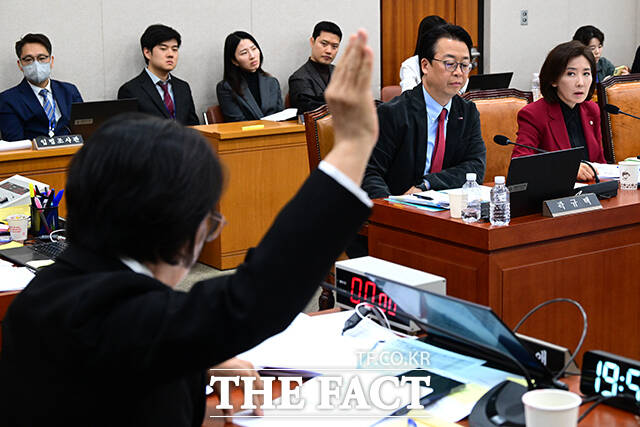 추미애 국회 법제사법위원장이 이날 회의를 주재하며 안경을 고쳐쓰는 모습.