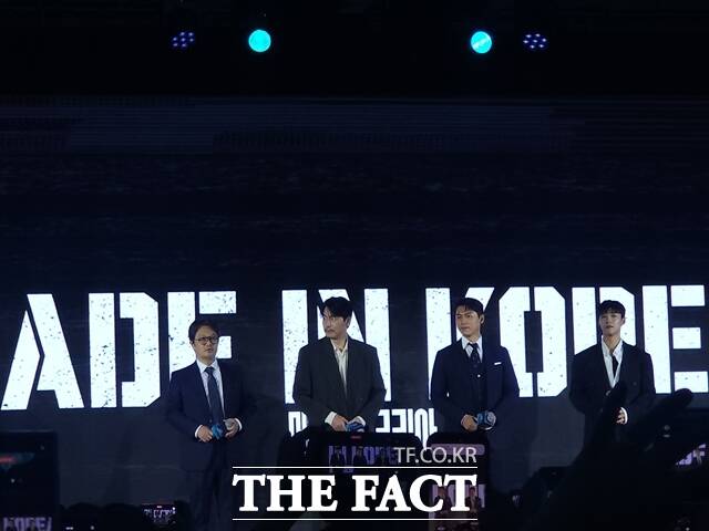 우민호 감독, 배우 정우성 현빈 우도환(왼쪽부터)이 아태 지역의 취재진 앞에서 디즈니+ 오리지널 시리즈 메이드 인 코리아에 관한 다양한 이야기를 전했다. /김샛별 기자