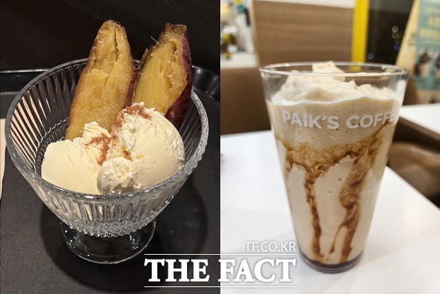 이디야 바닐라아이스크림 고구마(왼쪽)와 빽다방 고구마스무디를 직접 구매해보았다. /문화영 기자
