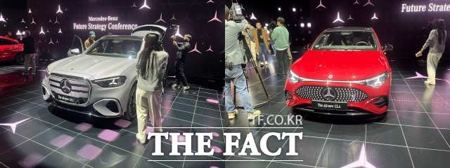 메르세데스-벤츠가 14일 인천 파라다이스시티에서 열린 미래 전략 간담회에서 공개한 디 올-뉴 일렉트릭 GLC(왼쪽)와 디 올-뉴 일렉트릭 CLA(오른쪽). /최의종 기자