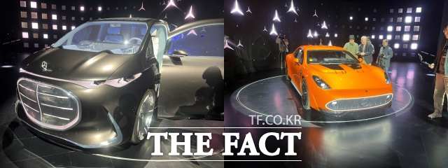 메르세데스-벤츠가 14일 인천 파라다이스시티에서 열린 미래 전략 간담회에서 공개한 비전 V(왼쪽)와 콘셉트 AMG GT XX(오른쪽). /최의종 기자