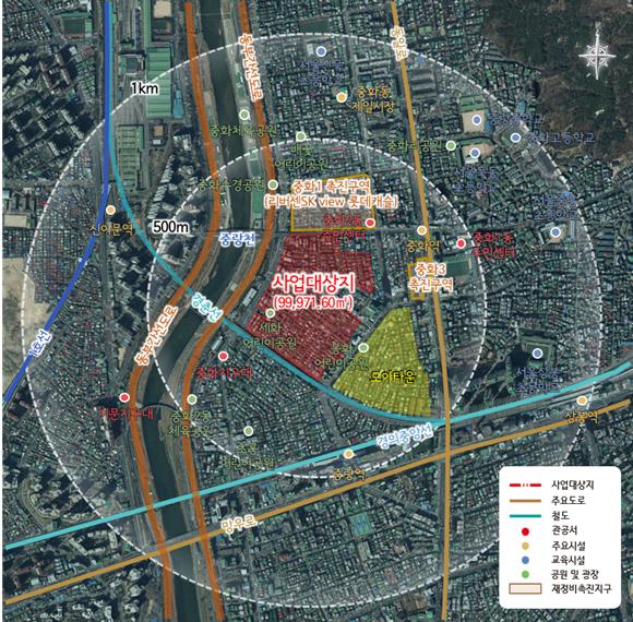 중랑구 중화동 329-38번지 일대 모아타운은 모아주택 4개 사업이 동시에 통과되면서 총 2295세대(임대 453세대 포함) 주택이 공급될 예정이다. /서울시