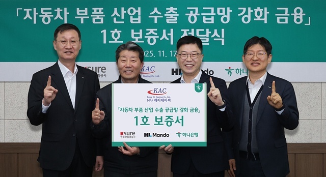 하나은행은 지난 17일 HL만도, 한국무역보험공사와 함께 자동차 부품산업 수출 공금망 강화를 위한 금융지원 1호 지원 기업인 케이에이씨를 방문해 보증서를 전달했다. 강원도 원주시 소재 케이에이씨 반계공장에서 열린 이날 행사에 참석한 진건창 하나은행 외환사업본부장(왼쪽에서 세번째)이 김성일 HL만도 부사장(왼쪽에서 첫번째), 하영봉 (주)케이에이씨 대표이사(왼쪽에서 두번째), 장진욱 한국무역보험공사 부사장(왼쪽에서 네번째)과 기념촬영을 하고 있다. /하나은행