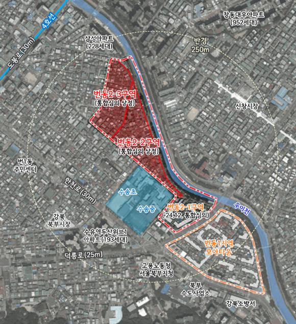강북구 번동2지역(번동 454번지 일대)는 모아주택 2곳 추진되며, 기존 843세대보다 256세대 늘어난 총 1099세대(임대 266세대 포함)가 지어진다. /서울시