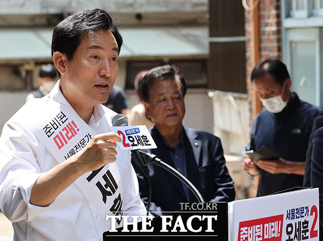 오세훈 서울시장이 2022년 5월 12일 서울 구로구 고척동에서 서울시장 선거 출마를 선언하고있다. /국회사진취재단