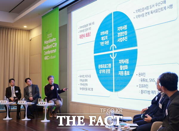 2025 매니페스토 회복력 도시 컨퍼런스에서 정용래 유성구청장이 발표를 하고 있다. /대전 유성구