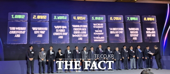 청양일반산단 개발사업’이 20일 서울 롯데호텔에서 열린 ‘2025 혁신성장포럼’에서 대한민국 100대 지역투자유망사업으로 선정돼 인증서를 전달받고 있다. /청양군