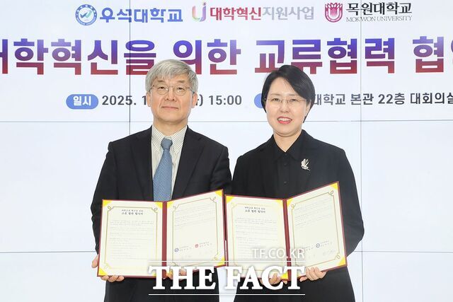 18일 우석대 전주캠퍼스 22층 대회의실에서 강현영 목원대 대학혁신지원사업추진단장과 함윤영 우석대 혁신사업단장이 업무협약을 체결하고 있다. /목원대