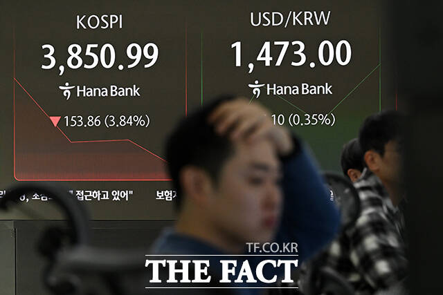 간밤 뉴욕증시 급락 여파와 ‘AI 거품론’이 맞물리며 코스피가 급락한 21일 오전 서울 중구 하나은행 딜링룸 전광판에 코스피 지수가 표시되고 있다. /서예원 기자
