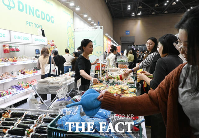 국내 최대 규모의 반려동물산업박람회 '2025 메가주(MEGAZOO) 일산'이 경기 고양시 킨텍스 제1전시장에서 열린 가운데, 박람회를 찾은 한 반려견이 간식봉투를 입에 문 채 부스를 둘러보고 있다. /고양=이새롬 기자